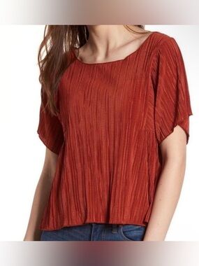 Madewell Pleated Short Sleeve Blouse Burnt Orange, Rust Sz XL Oversize Sleeves